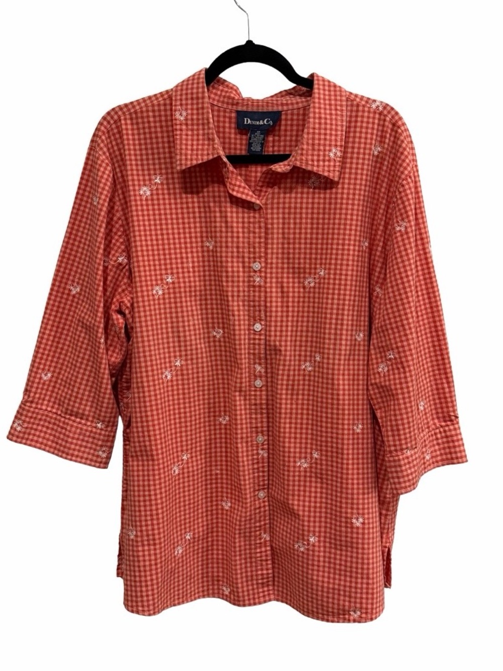 Denim&Co Tangerine Gingham Embroidered Button-Down Shirt